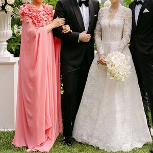 Badgley Mischka floral-embellished cape dress